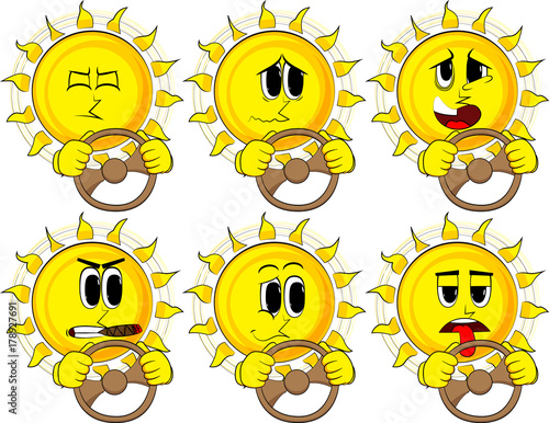 Cartoon sun driving, holding a steering wheel. Collection with sad faces. Expressions vector set.