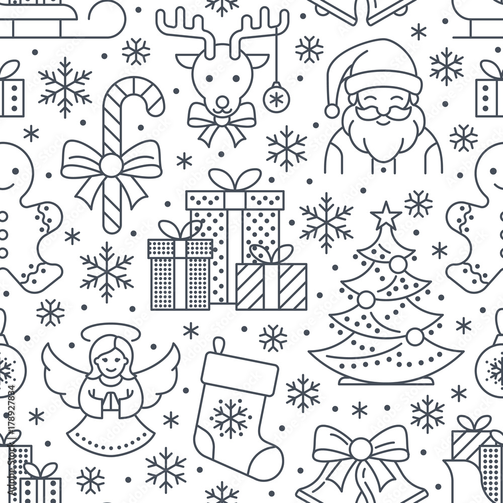 Fototapeta premium Christmas, new year seamless pattern, line illustration. Vector icons winter holidays christmas tree, gifts, letter to santa, presents, jingle bells. Celebration party white black repeated background.