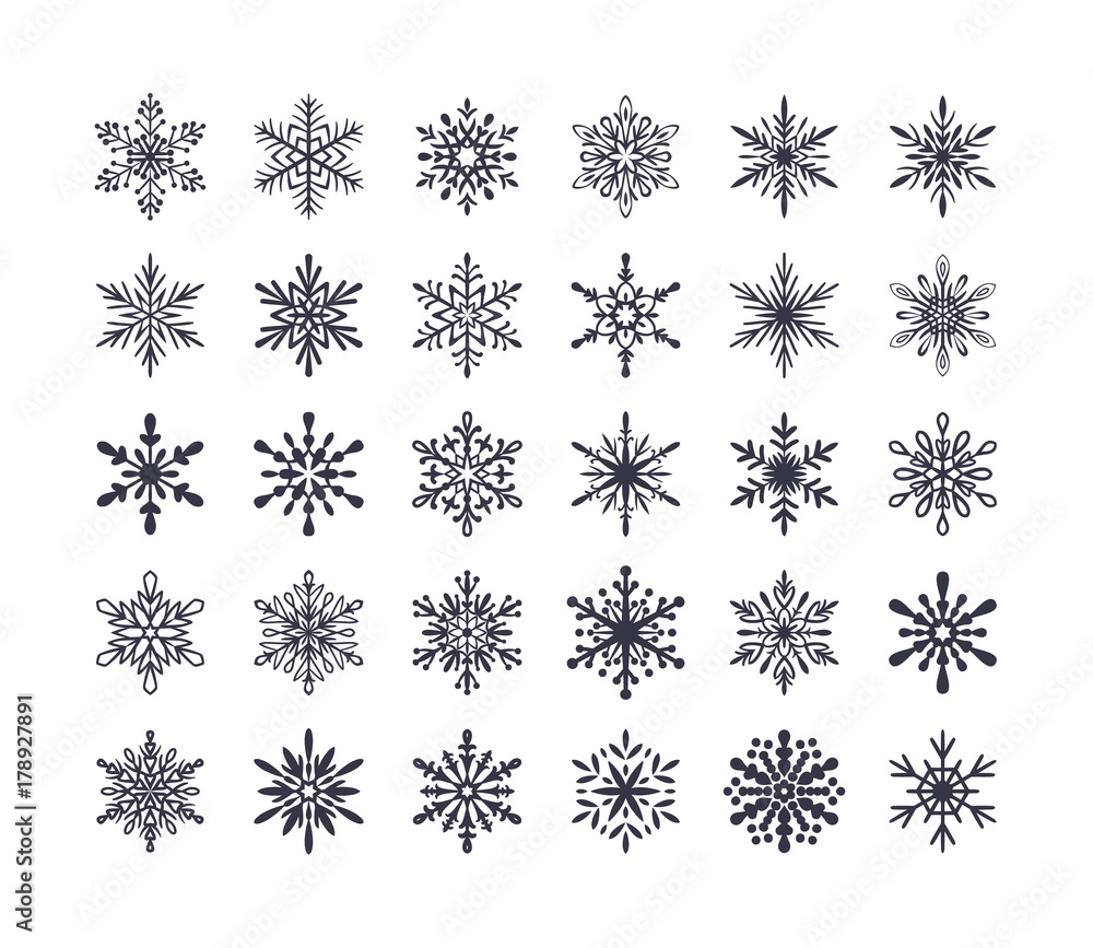 Cute snowflakes collection isolated on white background. Flat snow icons, snow flakes silhouette. Nice element for christmas banner, cards. New year ornament. Organic and geometric snowflake set. Cute snowflakes collection isolated on white background. Flat snow icons, snow flakes silhouette. Nice element for christmas banner, cards. New year ornament. Organic and geometric snowflake set.