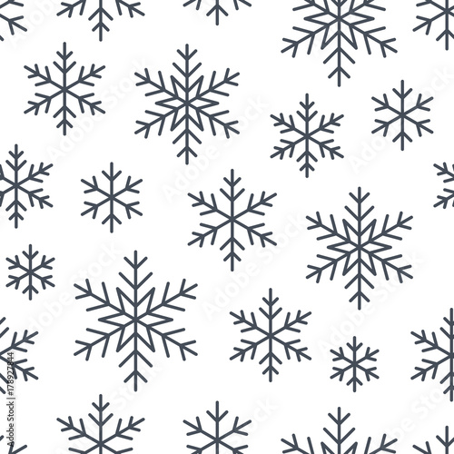 Christmas  new year seamless pattern  snowflakes line illustration. Vector icons of winter holidays  cold season snow flakes  snowfall. Celebration party black white repeated background.