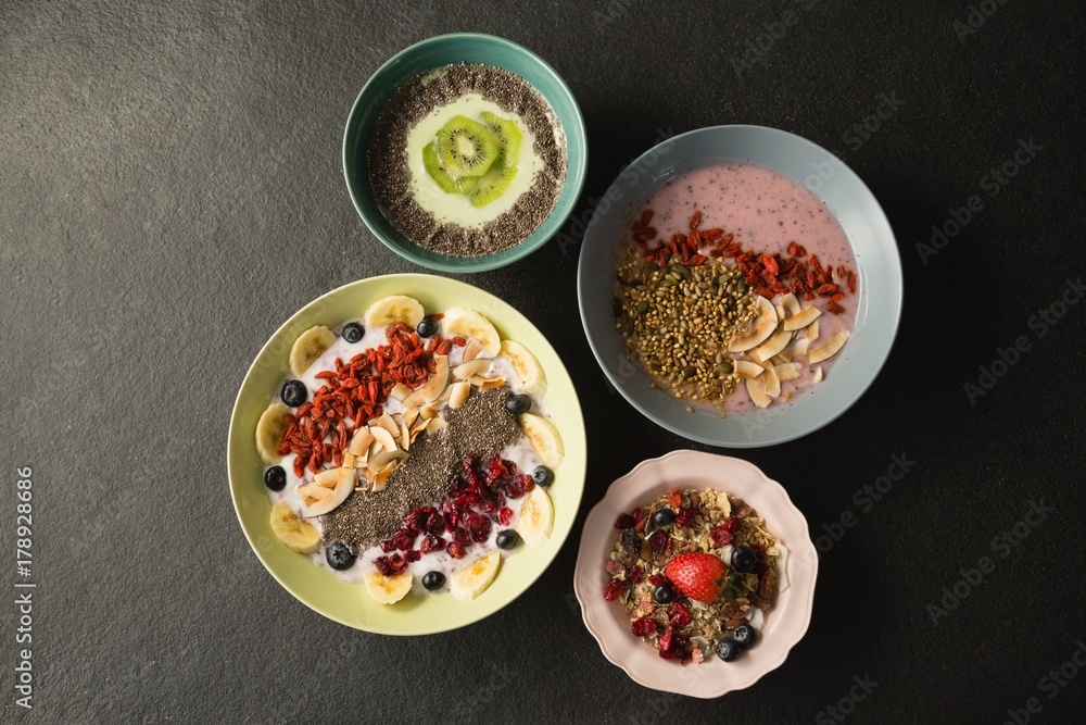 Various fruit cereals on concrete background Various fruit cereals on concrete background