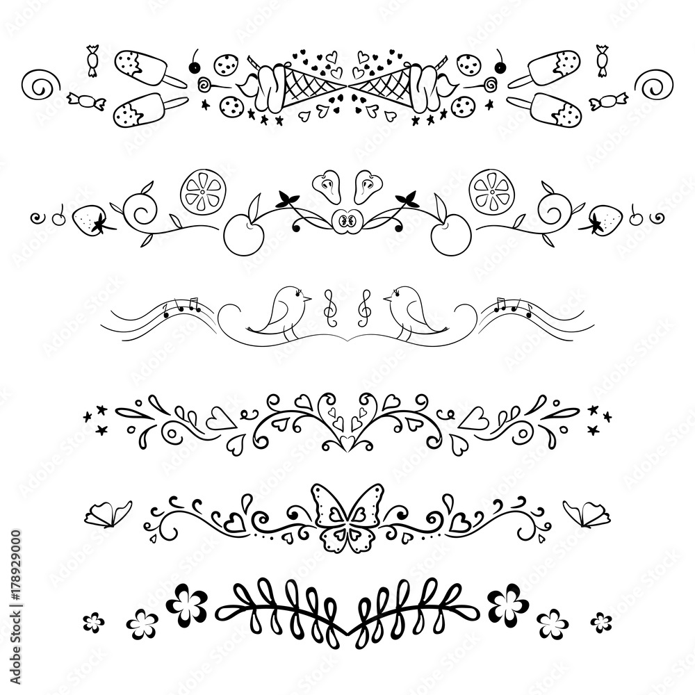 Set of decorative swirls elements, dividers, page decors. Hand drawn vector ornaments with heart, bird, music, music, fruit, sweets, ice cream, desserts, butterflies, flowers