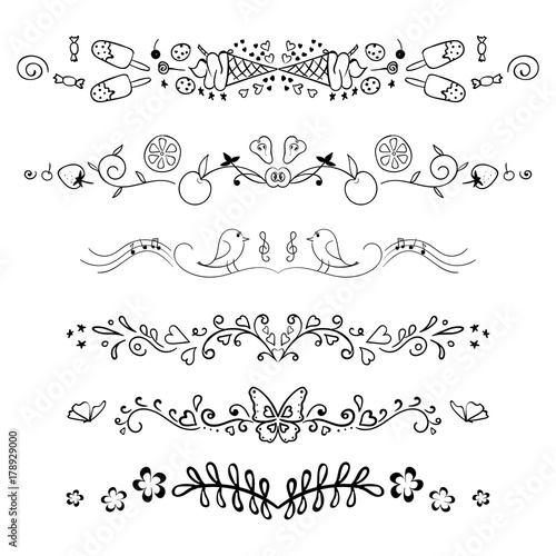 Set of decorative swirls elements, dividers, page decors. Hand drawn vector ornaments with heart, bird, music, music, fruit, sweets, ice cream, desserts, butterflies, flowers