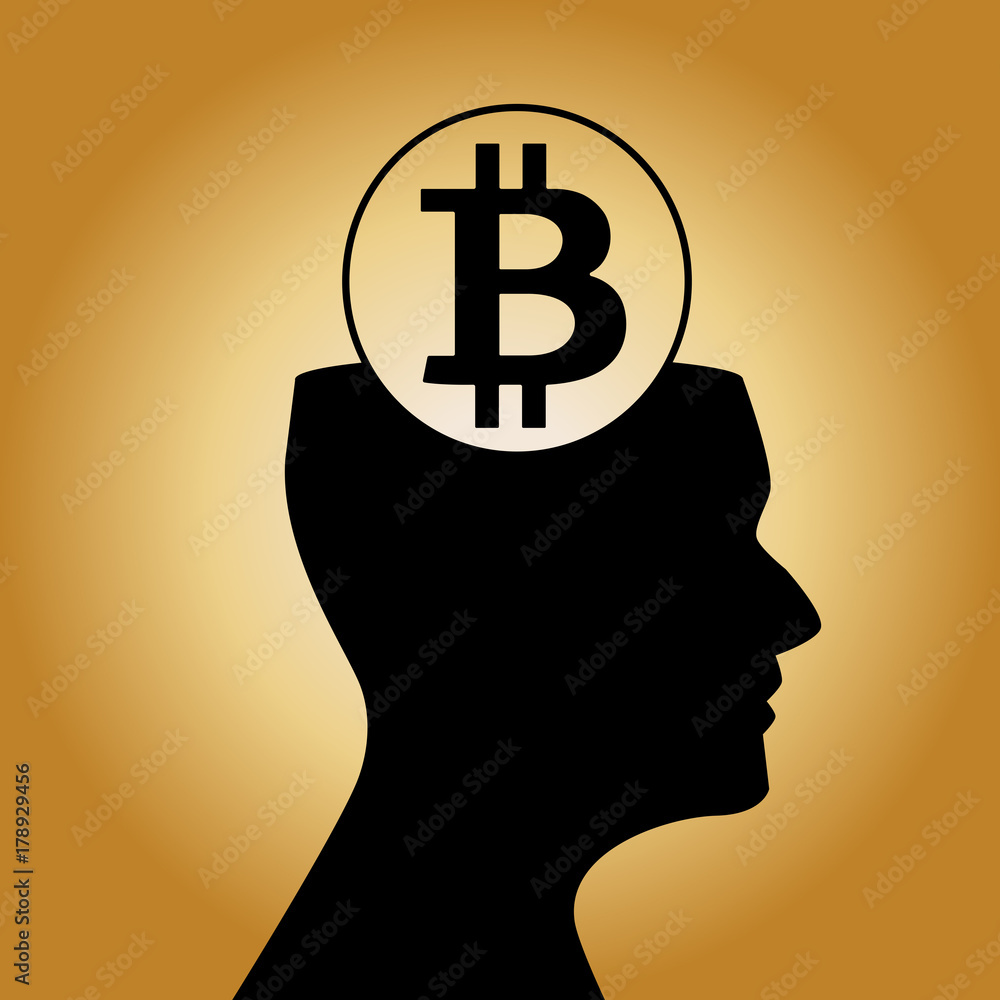 Human head silhouette with sign of bitcoin inside on shiny golden background. Vector illustration, icon, emblem. Human head silhouette with sign of bitcoin inside on shiny golden background. Vector illustration, icon, emblem.