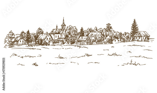 Rural landscape. Hand drawn vector illustration.