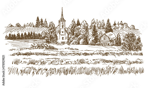 Rural landscape. Hand drawn vector illustration.