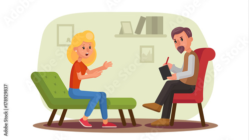 Classic Psychologist Vector. Classic Psychotherapist And Woman Patient. Psychotherapy Counseling Concept. Consultation Of Psychotherapist. Psychology Cabinet With Sofa. Flat Cartoon Illustration