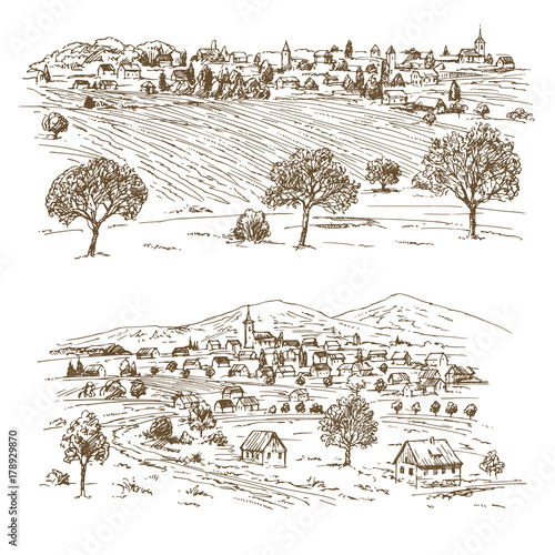 Rural landscape. Hand drawn vector illustration.