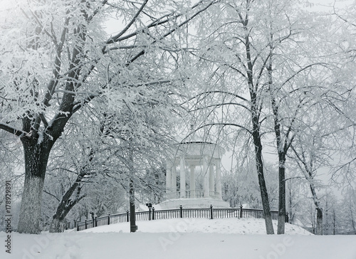 Winter nature, pavilion and snowy trees in park © elen_studio