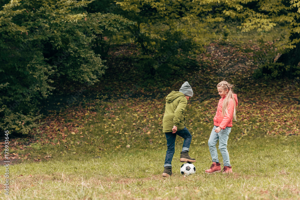 Fototapeta premium kids playing soccer in park