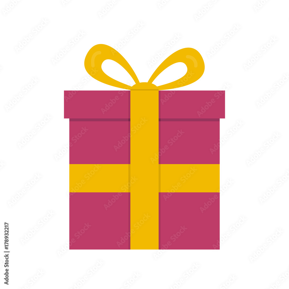 Closed gift box, surprise concept. Purple square gift box with yellow ribbon Closed gift box, surprise concept. Purple square gift box with yellow ribbon