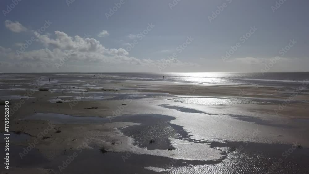 Aerial of Wadden island Fanø in Denmark – flying over the beach and sea - low angle view Aerial of Wadden island Fanø in Denmark – flying over the beach and sea - low angle view