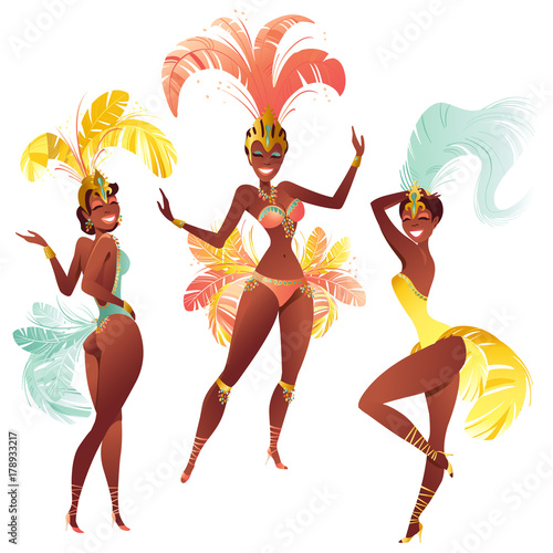 Set of Brazilian samba dancers. Vector carnival girls dancing.