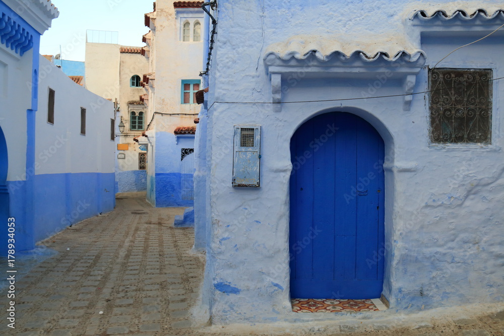 Typical blue doors in the streets of Chauen, Morocco