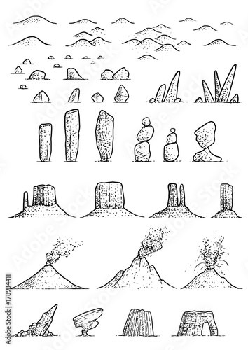 Map elements illustration, drawing, engraving, ink, line art, vector