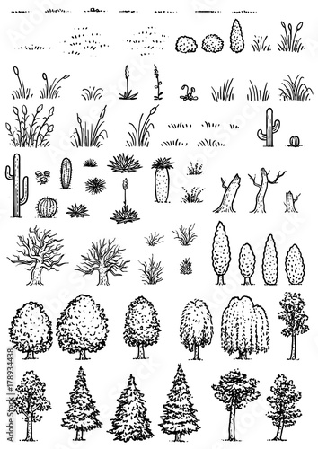 Map elements illustration, drawing, engraving, ink, line art, vector