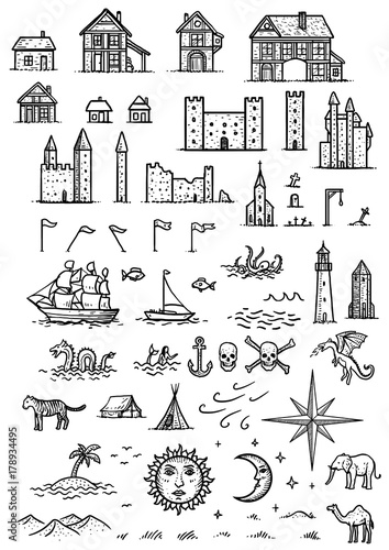 Map elements illustration, drawing, engraving, ink, line art, vector