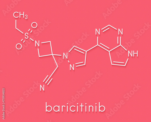 Baricitinib janus kinase (JAK1 & JAK2) inhibitor drug molecule. Under development for treatment of rheumatoid arthritis, psoriasis, etc. Skeletal formula.