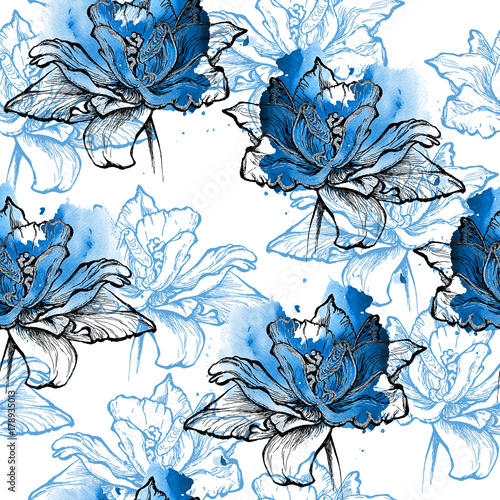 Blue Seamless Floral Pattern Tulips In Watercolor Splash And Graphic Black Outlines And Cobalt Shades Blended Effect On White Background Trendy Botanical Texture Textile Design Wallpaper Stock Illustration Adobe Stock