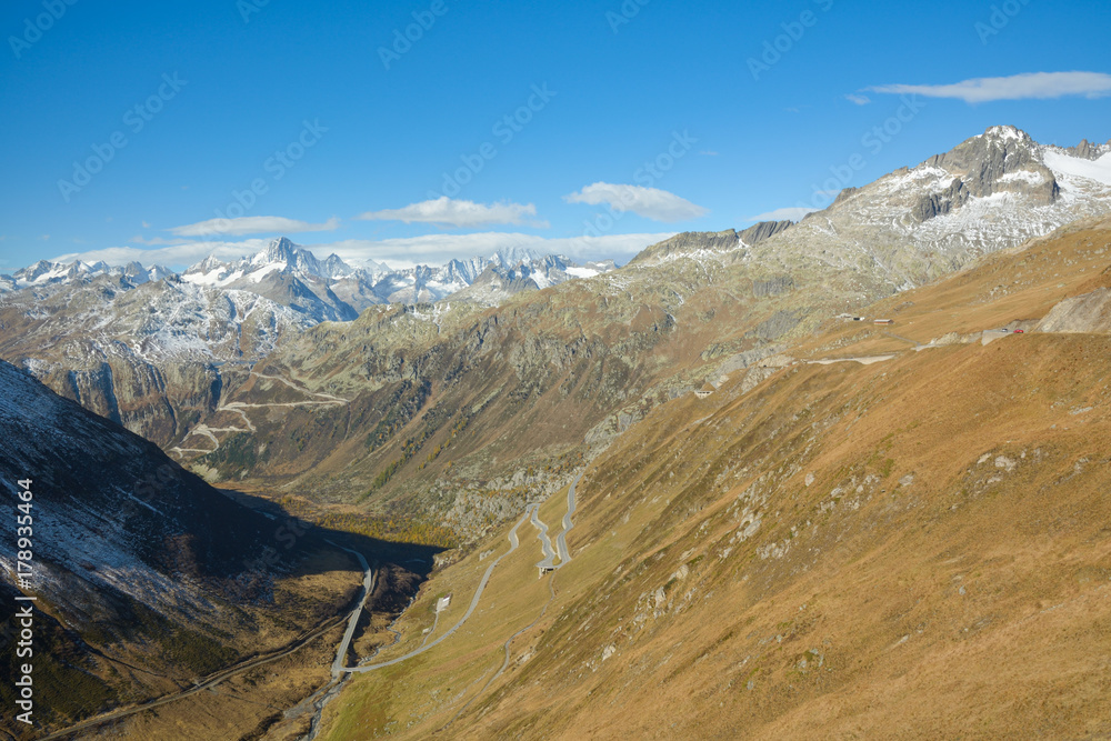 View from Furka pass on Grimsel pass and Swiss Alps