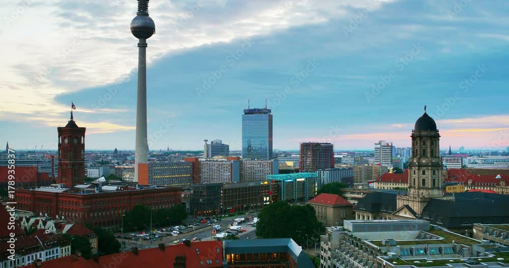 Berlin, Germany. Aerial view of landmarks in Berlin, Germany in the morning. Sunrise sky and empty roads Berlin, Germany. Aerial view of landmarks in Berlin, Germany in the morning. Sunrise sky and empty roads
