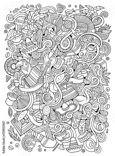 Cartoon hand-drawn doodles Latin American illustration. Line art