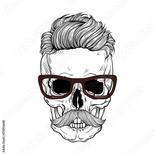 hand drawn anatomy skull with mustashes and hair . Vector