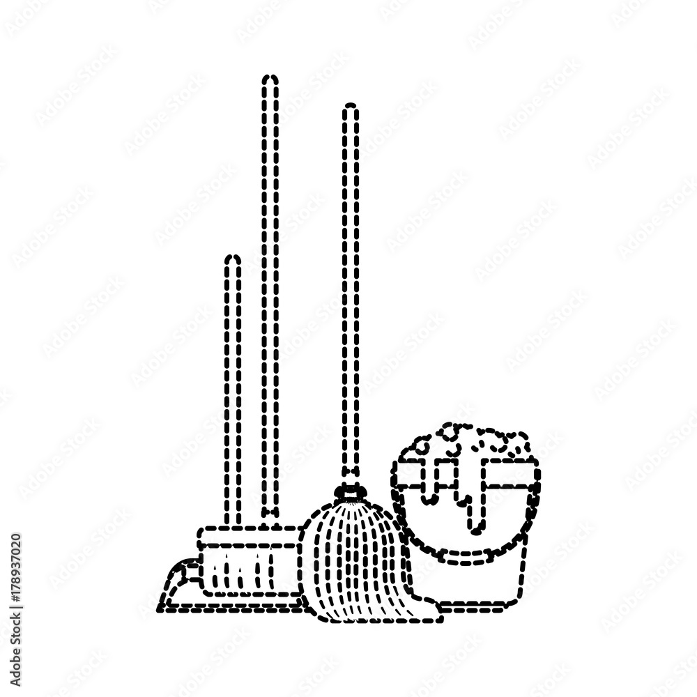 dustpan and broom and mop and bucket with water and soap detergent in