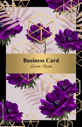 Purple poppy flowers abstract design card Vector. Background for business car...