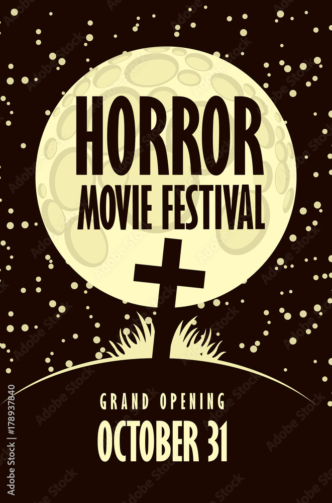 Fototapeta premium Vector banner for horror movie festival with cross on the hill to the cemetery a moonlit night. Scary cinema promotional printing. Can be used for ad, banner, leaflet, web design