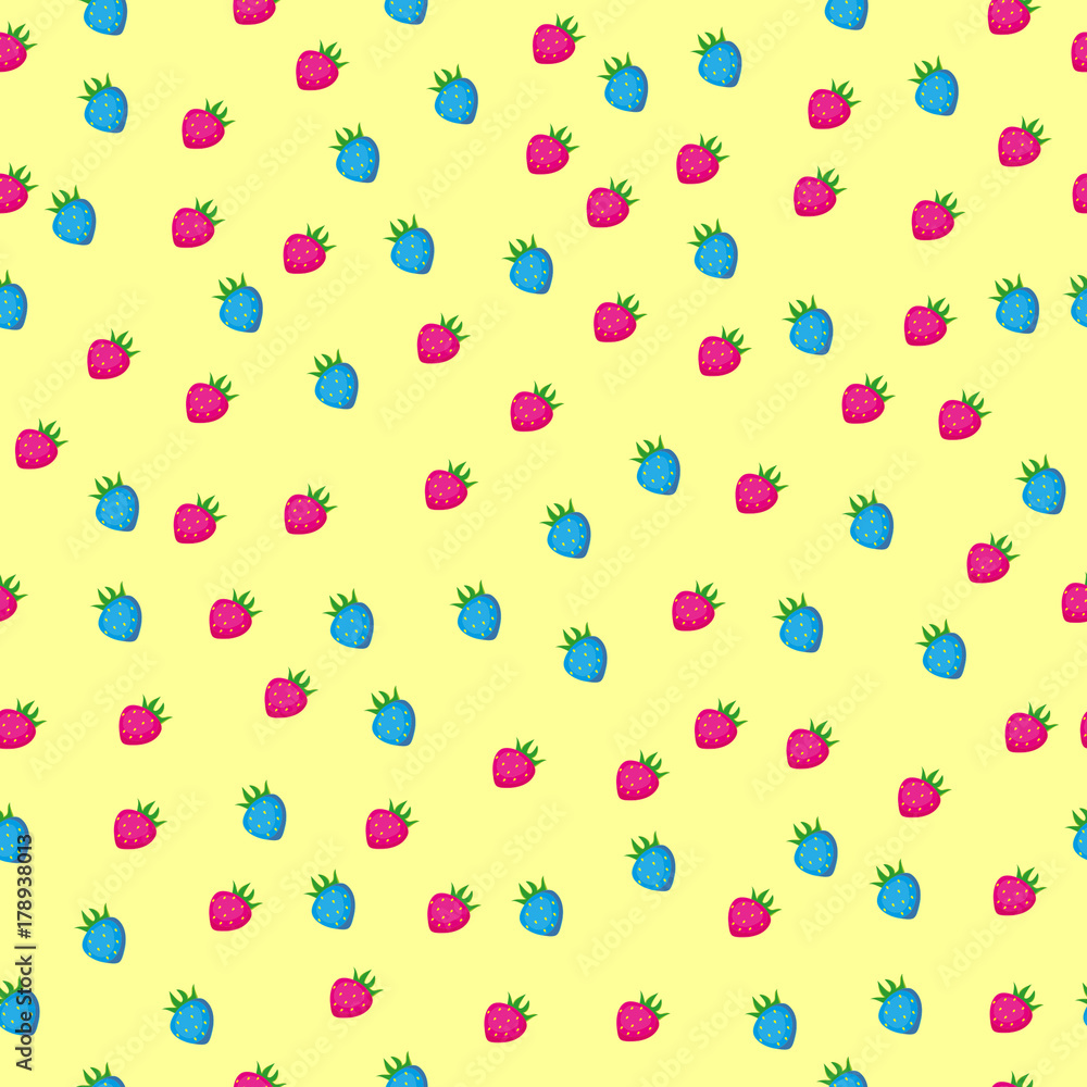 Colored strawberry seamless pattern on yellow background. Vector illustration.
