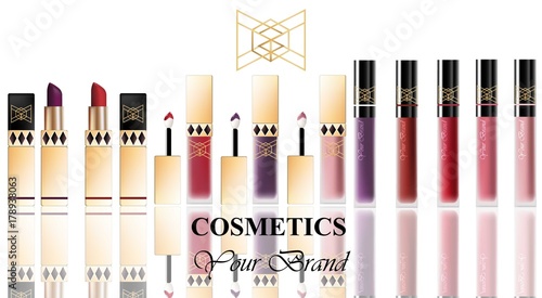 Colorful Realistick lipgloss package in gold. Vector detailed cosmetics products set big collection