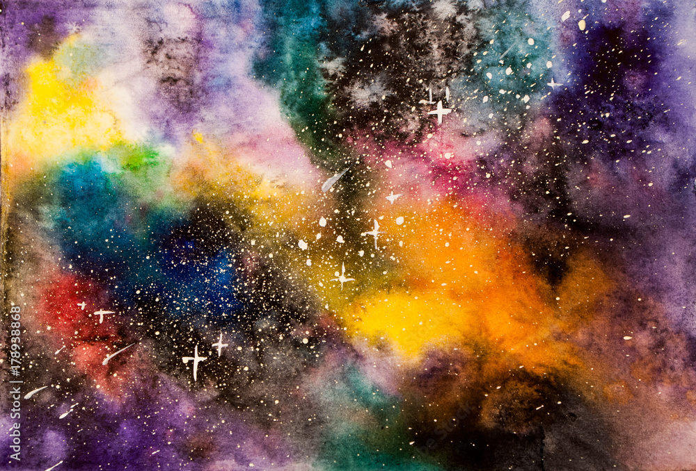 Abstract watercolor cosmos with stars background