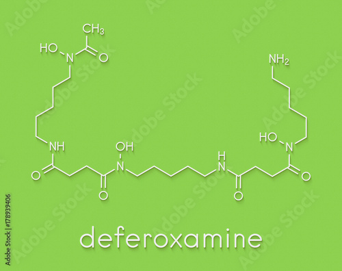 Deferoxamine drug molecule. Used to treat iron poisoning (hemochromatosis). Skeletal formula. photo