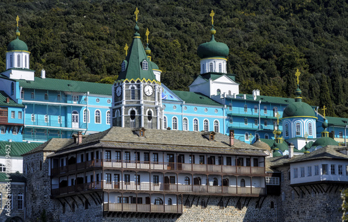 Panoramic view of Russian St. Panteleimon's Orthodox monastery at Mount Athos, Halkidiki, Greece photo