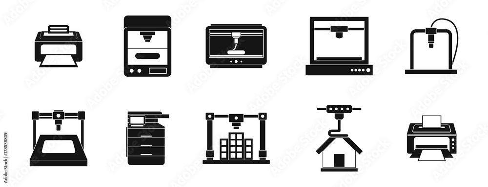 Printer icon set, simple style Printer icon set, simple style