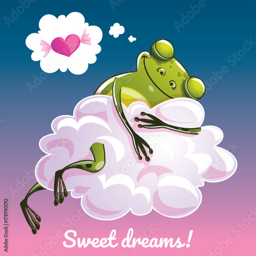 Greeting card with a cartoon frog on the cloud