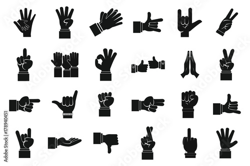 Hand sign icon set, simple style