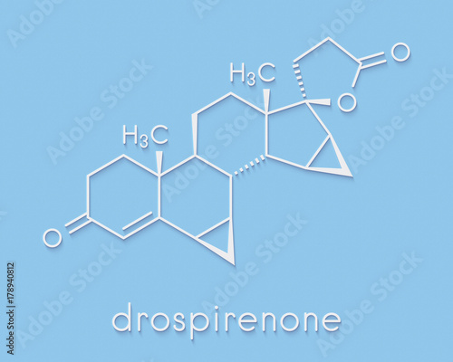 Drospirenone contraceptive drug molecule. Progestin used in birth control pills. Skeletal formula. photo