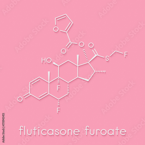 Fluticasone furoate corticosteroid drug molecule. Used in treatment of allergic rhinitis, COPD and chronic bronchitis. Skeletal formula.