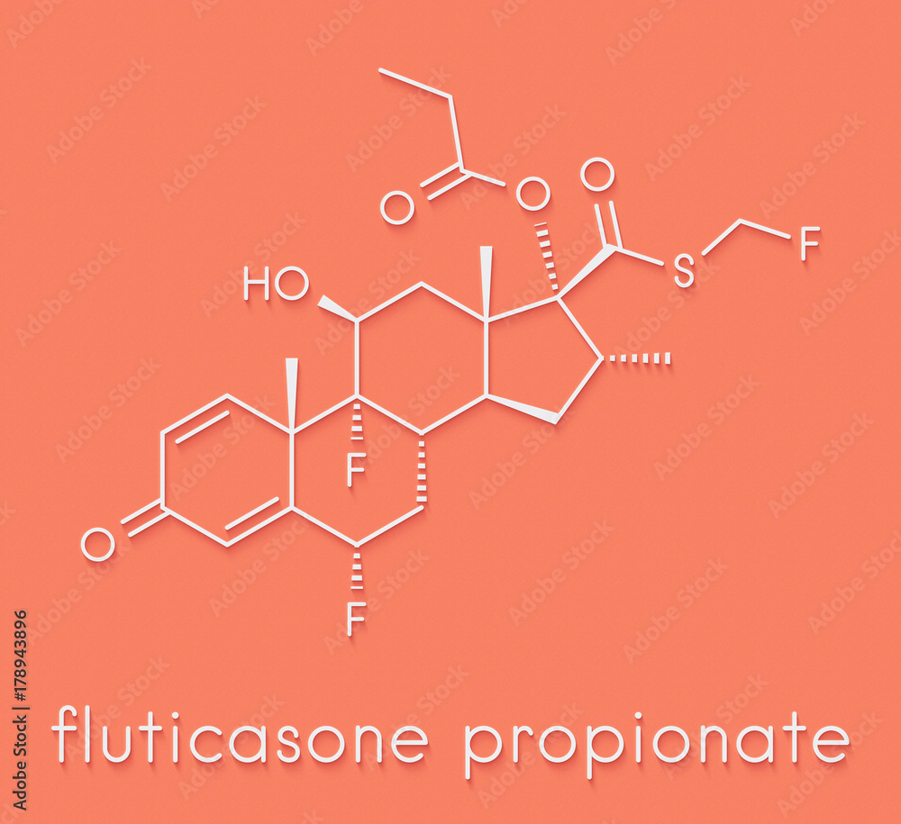Fluticasone propionate corticosteroid drug molecule. Skeletal formula. Fluticasone propionate corticosteroid drug molecule. Skeletal formula.