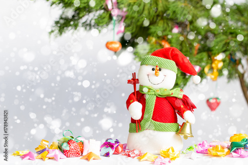 Snow man, Christmas tree background and Christmas decorations with snow, blurred, Happy New Year and Xmas theme