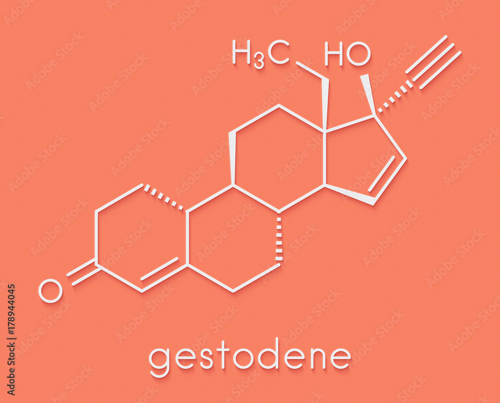 Gestodene progestogen hormonal contraceptive drug molecule. Skeletal formula. Gestodene progestogen hormonal contraceptive drug molecule. Skeletal formula.