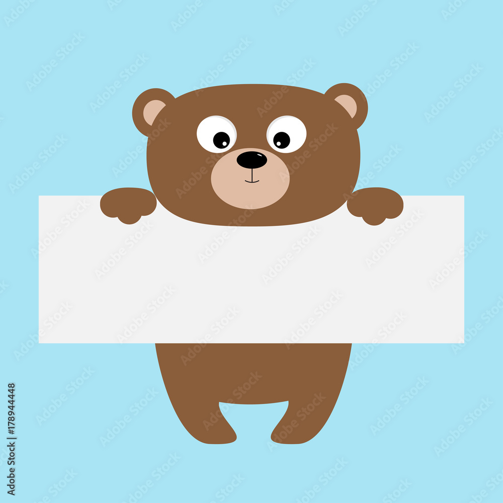 Funny bear hanging on paper board template.Big eyes. Kawaii animal body. Cute cartoon character. Baby card. Flat design style. Blue background Isolated Funny bear hanging on paper board template.Big eyes. Kawaii animal body. Cute cartoon character. Baby card. Flat design style. Blue background Isolated