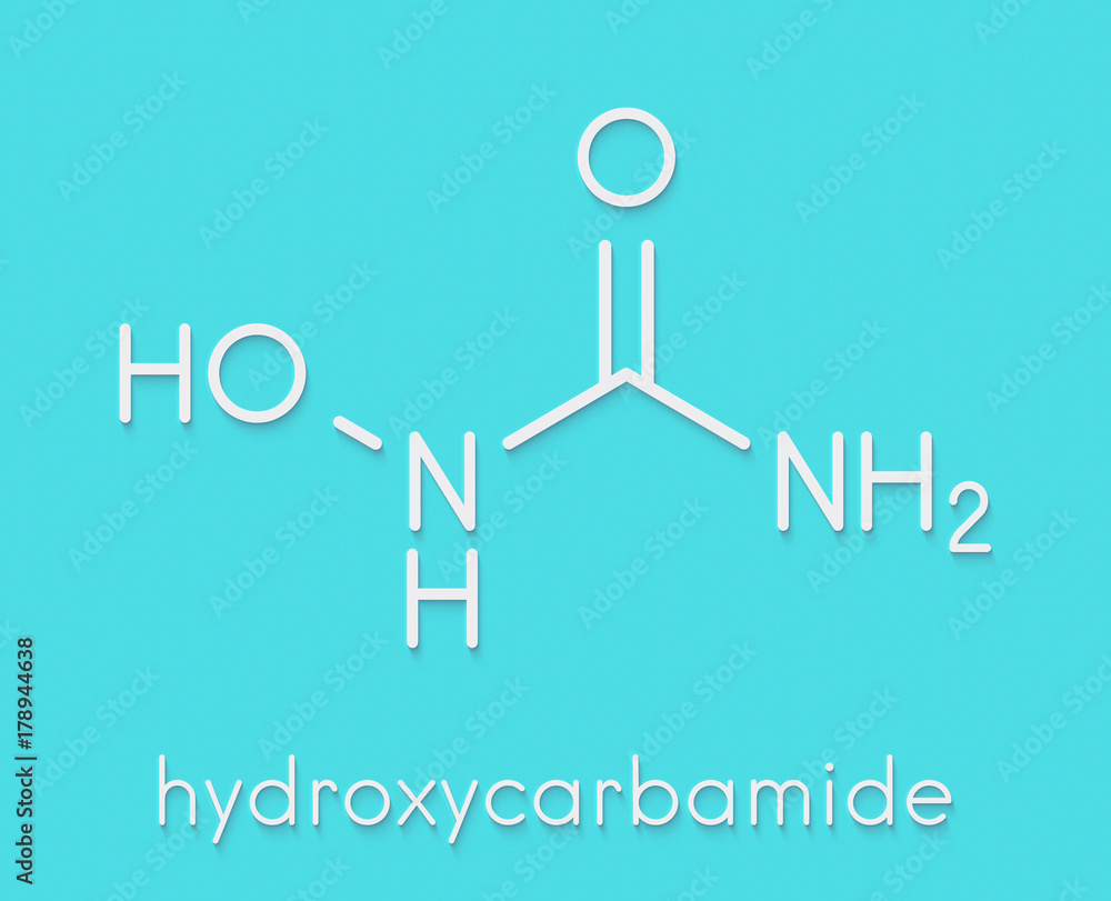 Hydroxycarbamide cancer drug molecule. Skeletal formula. Hydroxycarbamide cancer drug molecule. Skeletal formula.