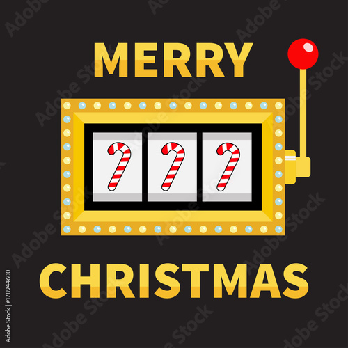 Merry Christmas. Candy cane. Slot machine. Golden Glowing lamp light. Jackpot. Red handle lever. Big win Online casino, gambling club sign symbol. Flat design. Black background