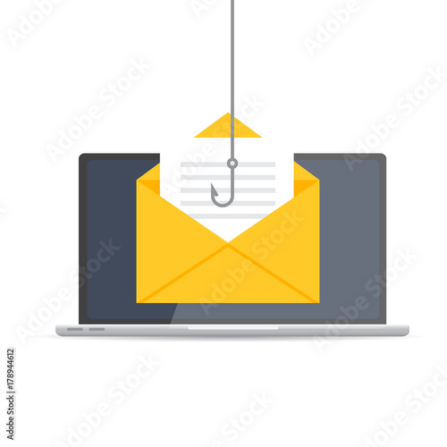 Data phishing, hacking online scam on computer laptop concept. Fishing by email, envelope and fishing hook. Cyber thief. Vector illustration.
