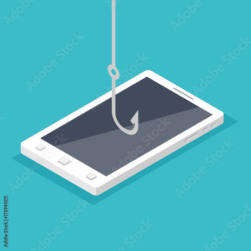 Data phishing, hacking online scam on smartphone concept. Fishing by email, envelope and fishing hook. Cyber thief. Vector illustration.