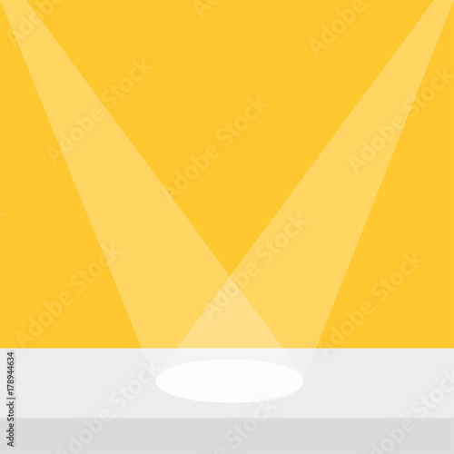Stage podium table desk stand illuminated by two spotlights. Empty pedestal for display. 3d realistic Platform for design. Isolated. Yellow background. Template. Flat design.