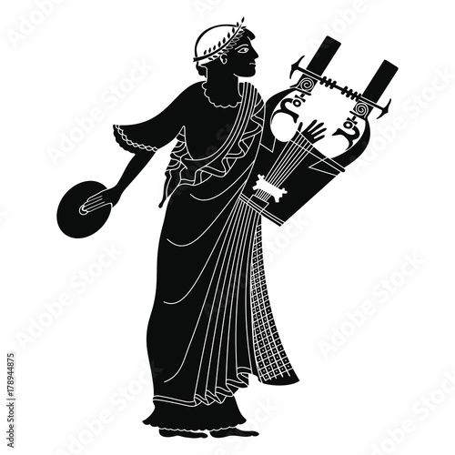 Ancient Greek god of marriage Hymen with a musical instrument in his hands. Drawing on the vase isolated on a white background.